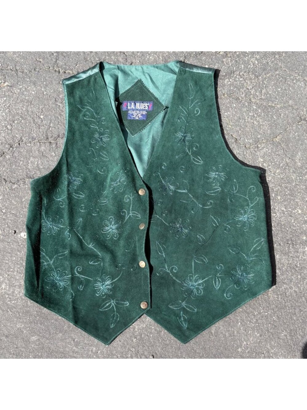 Vintage Green Suede Leather Vest Womens 1X Embroidered Western Boho Floral